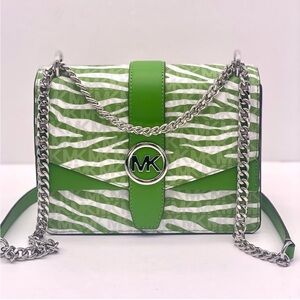 Michael Kors Green Zebra Crossbody Bag with Silver Chain